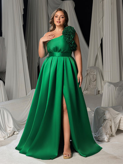Plus Women's One-Shoulder Formal Dress | Statement Ruffle Trim Accent | Corset Back & High Split – view 3