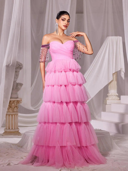 Off-Shoulder Fringed Sleeves Mesh Cake Dress – view 5