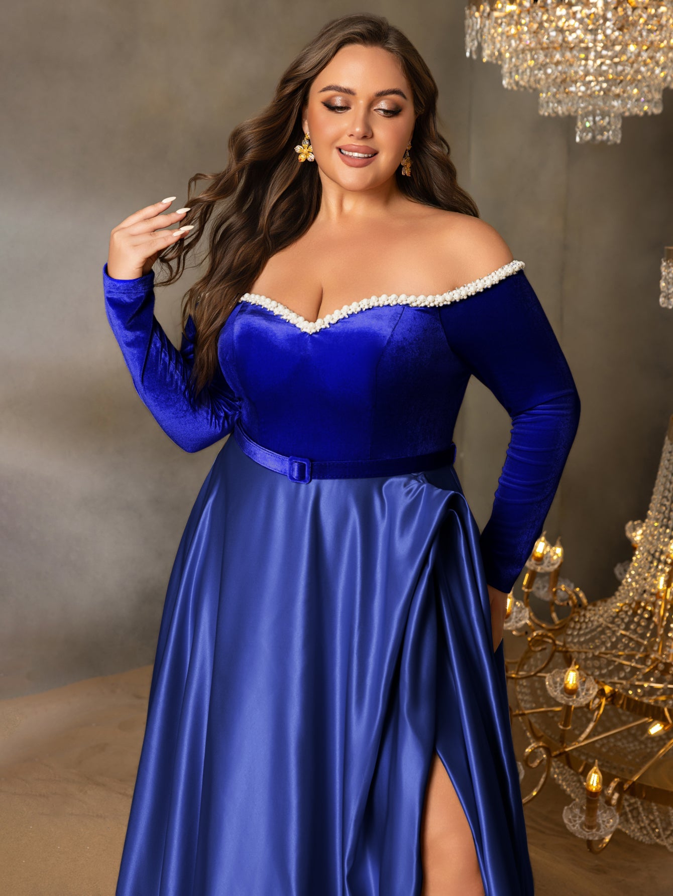 Plus Women's Pearl Accented Off-The-Shoulder Formal Gown | Long Sleeves | Defined Waist Belt | Full Flared Skirt