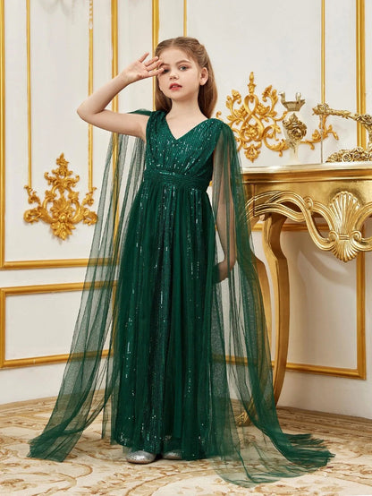 Additional product view of Contrast Mesh Cape-Sleeve V-Neck Sequin A-Line Tween Girls' Party Dress