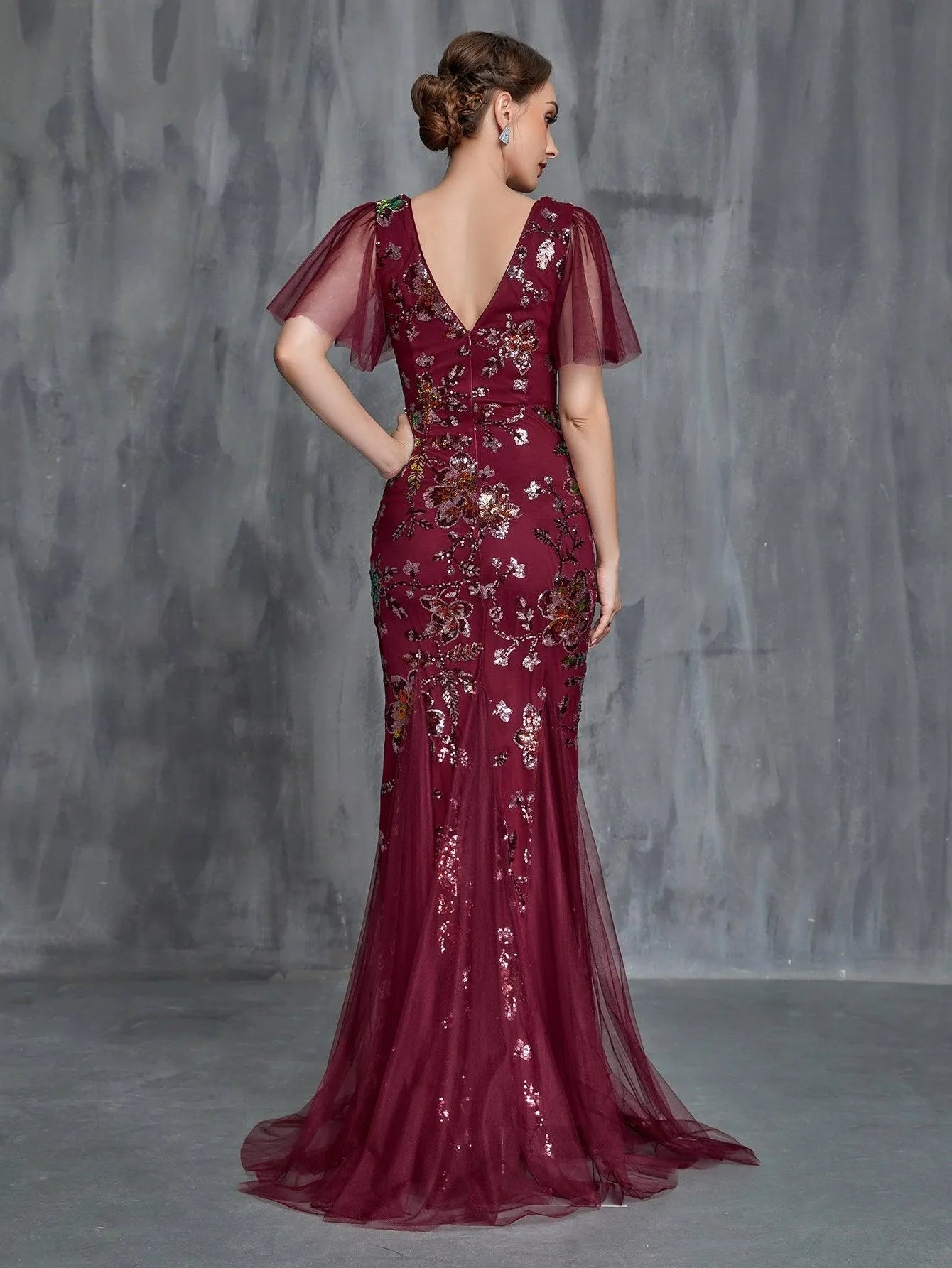 Additional product view of V-Neck Short-Sleeve Mermaid Sequin Maxi Mother-of-the-Bride Dress