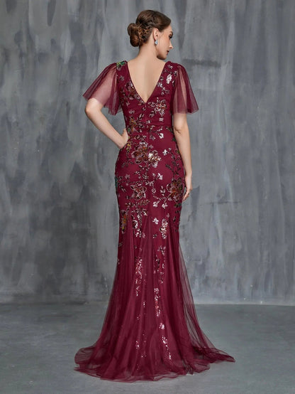 Additional product view of V-Neck Short-Sleeve Mermaid Sequin Maxi Mother-of-the-Bride Dress