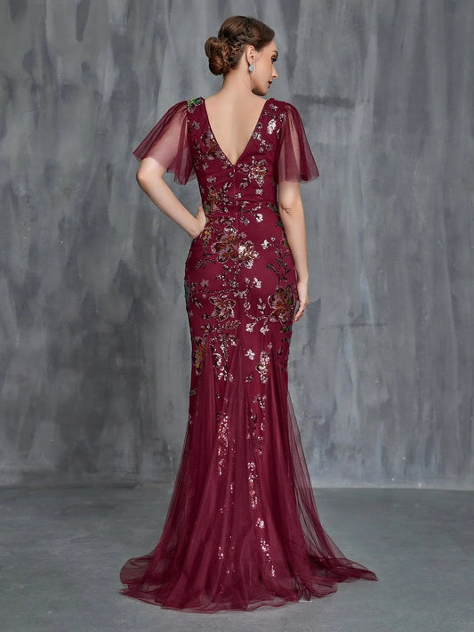 Additional product view of V-Neck Short-Sleeve Mermaid Sequin Maxi Mother-of-the-Bride Dress