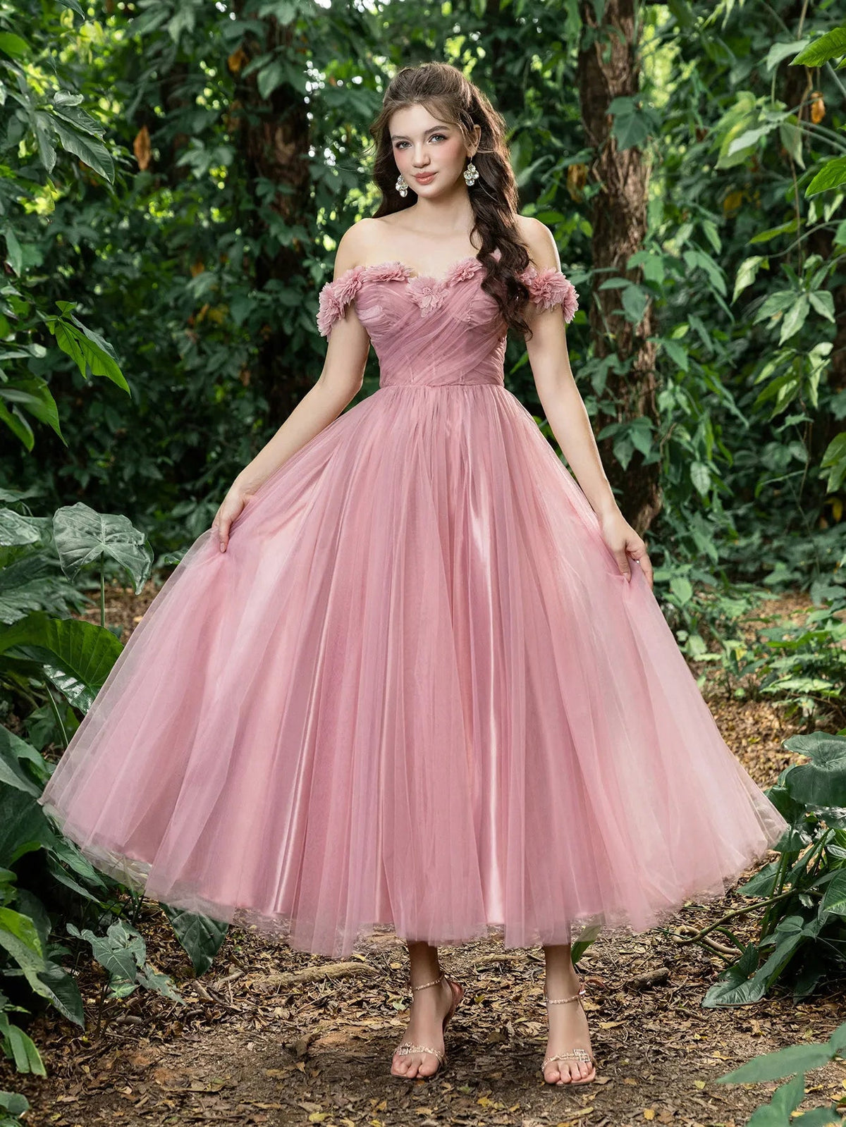Off-Shoulder Tulle Appliqué A-Line Short-Sleeve Midi Formal Dress in Mauve