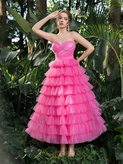 Midi Elegant Strapless Tulle Gown with Ruffled Layers – Voluminous Dress for Tropical Events, Garden Parties & Summer Galas – view 3
