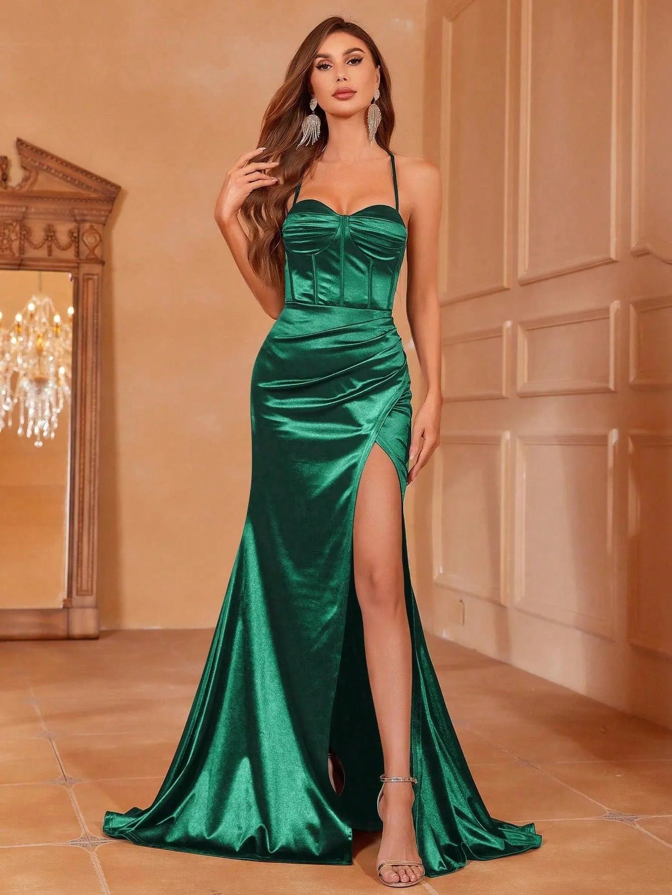 Additional product view of Cami Strap Satin Backless Mermaid Sleeveless Evening Gown