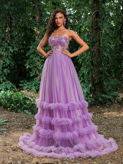 Floral Sequin Bodice Cascading Ruffle Hem Tulle Prom Dress — authorized product image 3