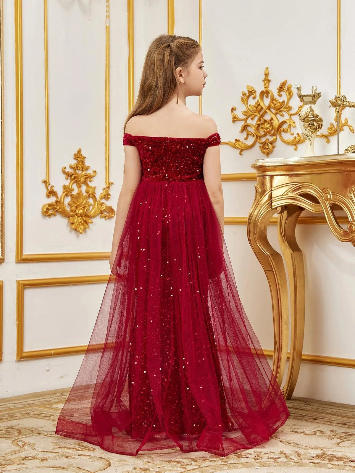 Additional product view of Mesh Overlay Off-Shoulder Sequin Mermaid Short-Sleeve Maxi Tween Girls' Party Dress
