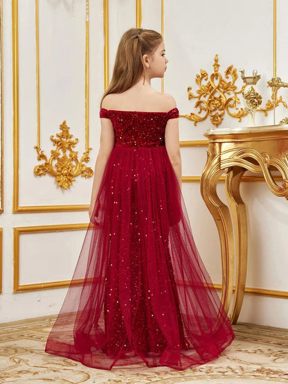 Additional product view of Mesh Overlay Off-Shoulder Sequin Mermaid Short-Sleeve Maxi Tween Girls' Party Dress