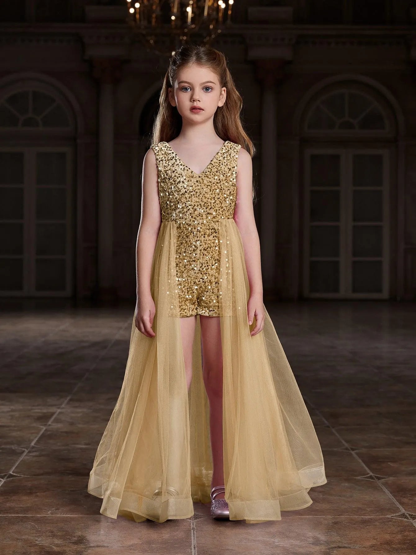 Additional product view of Mesh Overlay V-Neck Sequin Sleeveless Tween Girls' Formal Romper