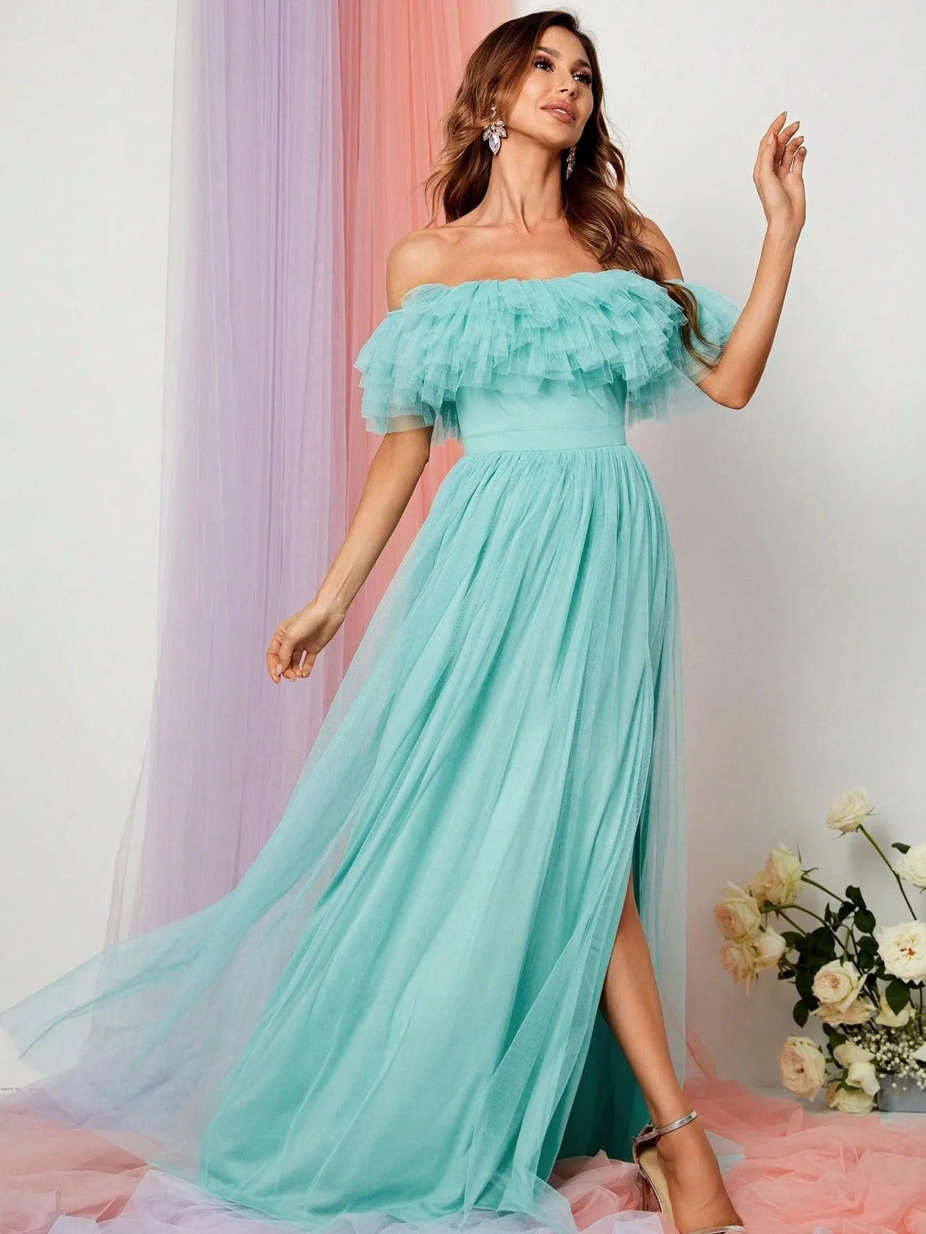 Additional product view of Ruffle Trim High-Slit Off-Shoulder Mesh A-Line Evening Gown