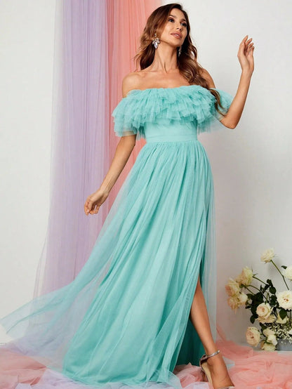 Additional product view of Ruffle Trim High-Slit Off-Shoulder Mesh A-Line Evening Gown