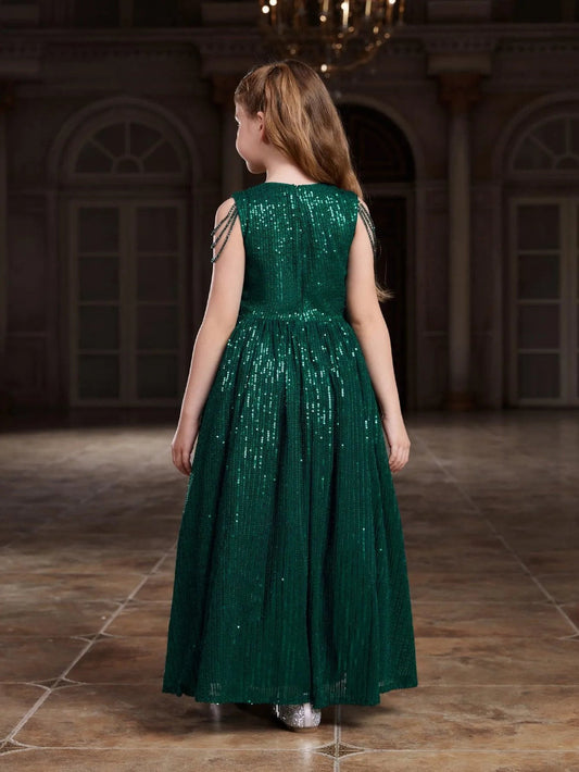Additional product view of V-Neck Sequin A-Line Sleeveless Maxi Tween Girls' Party Dress