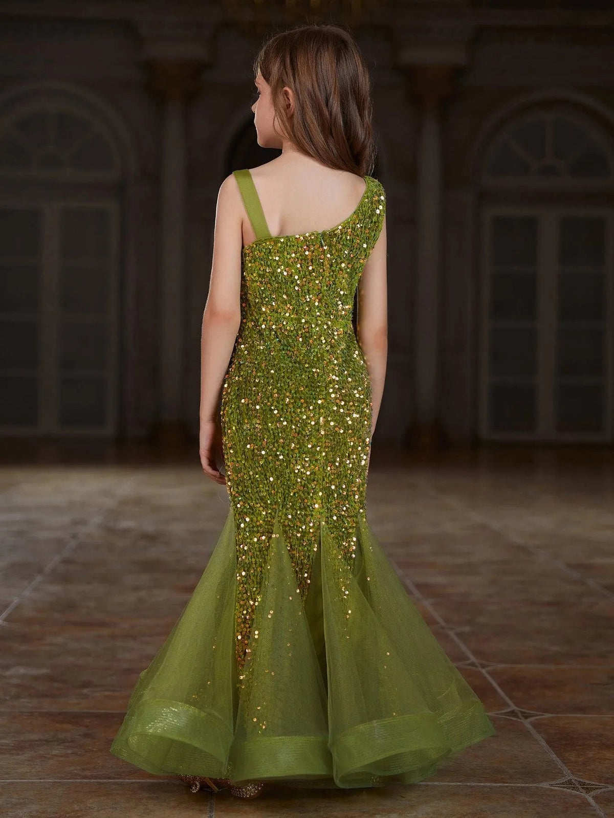 Additional product view of Mesh Insert Mermaid Hem One-Shoulder Sequin Sleeveless Tween Girls' Party Dress