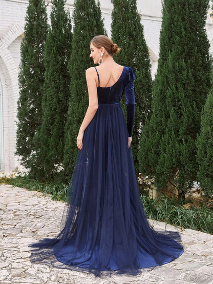 Maternity Asymmetrical Neck Mermaid Hem Velvet Dress – view 2
