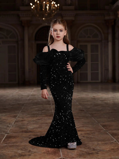 Ruffle Trim Off-Shoulder Sequin Mermaid Long-Sleeve Tween Girls' Party Dress in Black