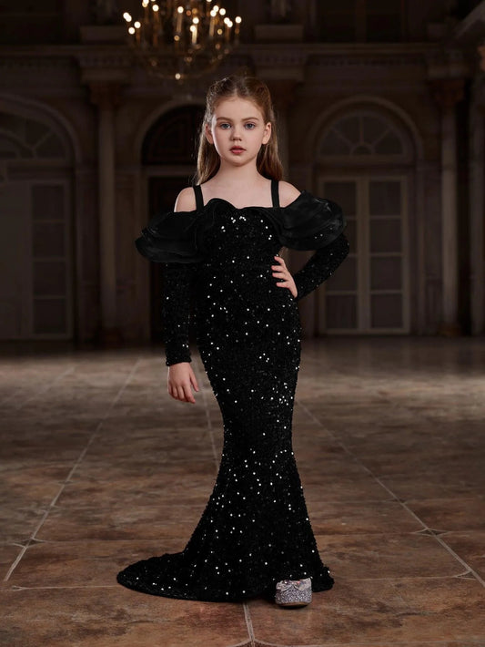 Ruffle Trim Off-Shoulder Sequin Mermaid Long-Sleeve Tween Girls' Party Dress in Black