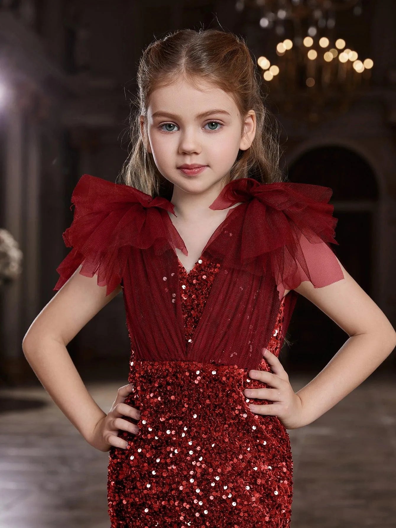 Additional product view of Cloak-Sleeve Mermaid Hem V-Neck Sequin Maxi Tween Girls' Party Dress