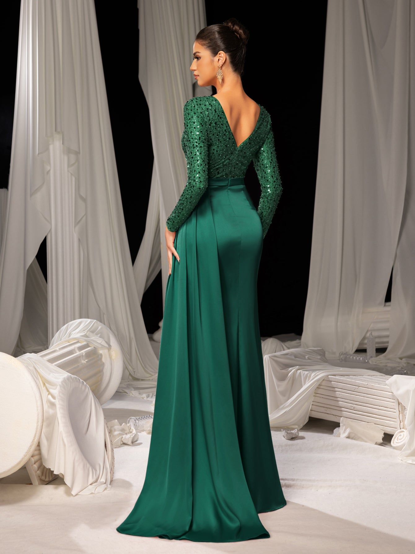 Elegant Satin Evening Gown with High Side Slit & Beaded Sequin Sleeves – Luxurious for Art Gallery Openings or Luxury Charity Galas, XS-XL