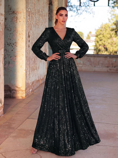 Elegant V Neck Long Sleeves Sequin A Line Dresses