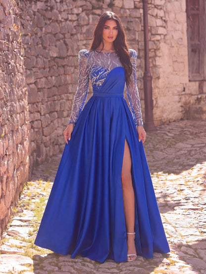Elegant Women's Sequin Bodice Formal Gown | Long Sleeves | Full Flared Skirt