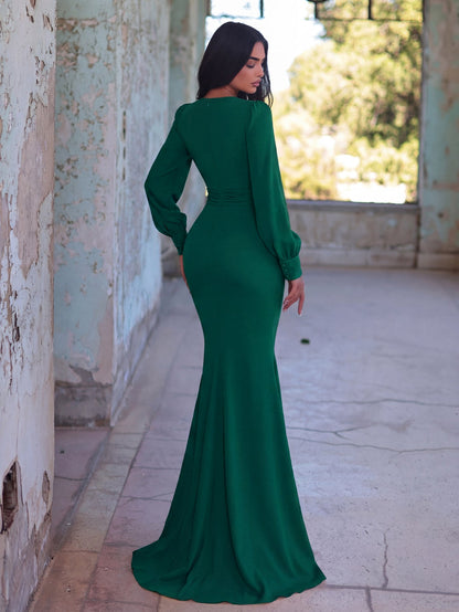 Additional product view of Surplice-Neck V-Neck Chiffon Mermaid Long-Sleeve Evening Gown