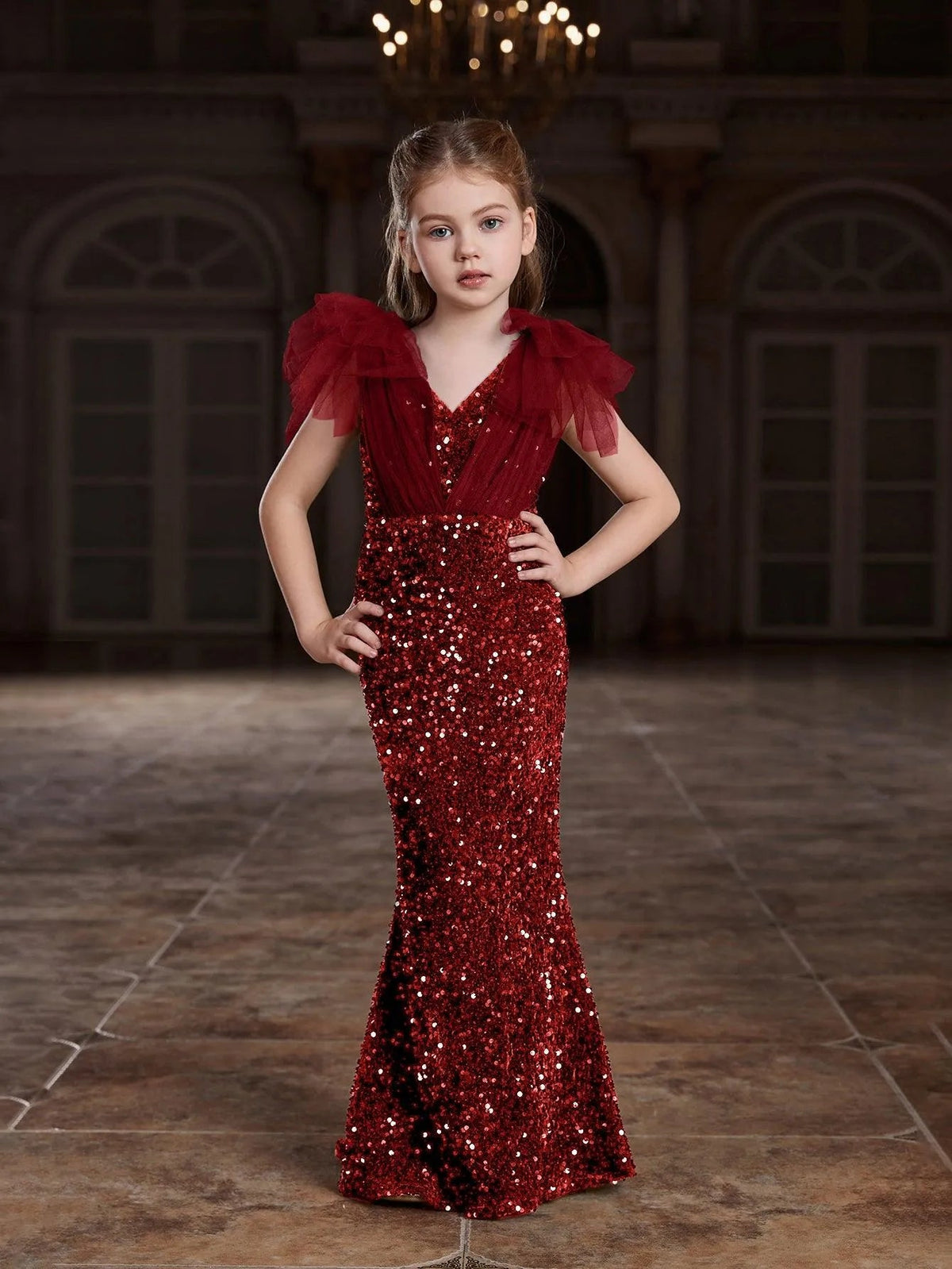 Alternate view of Cloak-Sleeve Mermaid Hem V-Neck Sequin Maxi Tween Girls' Party Dress in Red