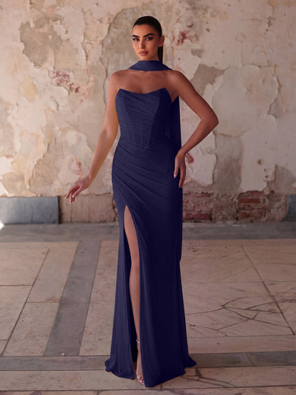 Additional product view of Lace-Up Back Strapless High-Slit Mermaid Sleeveless Evening Gown