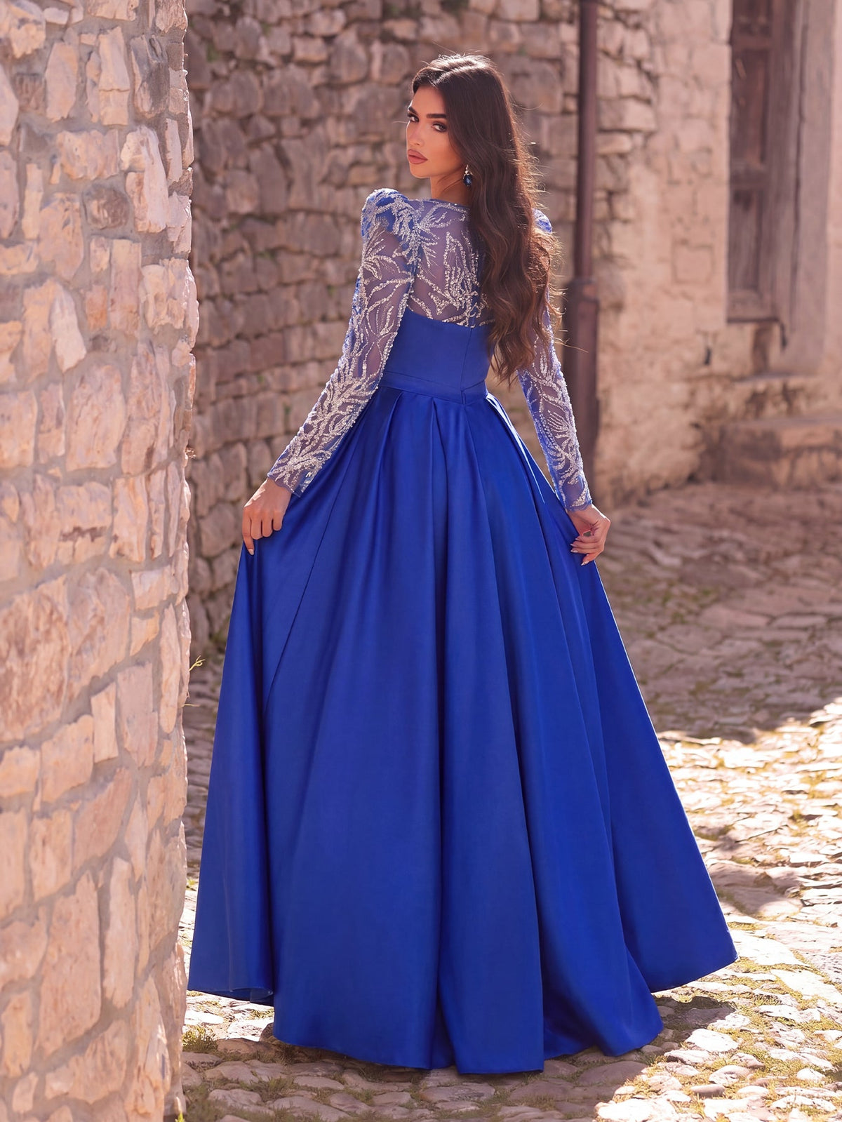 Elegant Women's Sequin Bodice Formal Gown | Long Sleeves | Full Flared Skirt