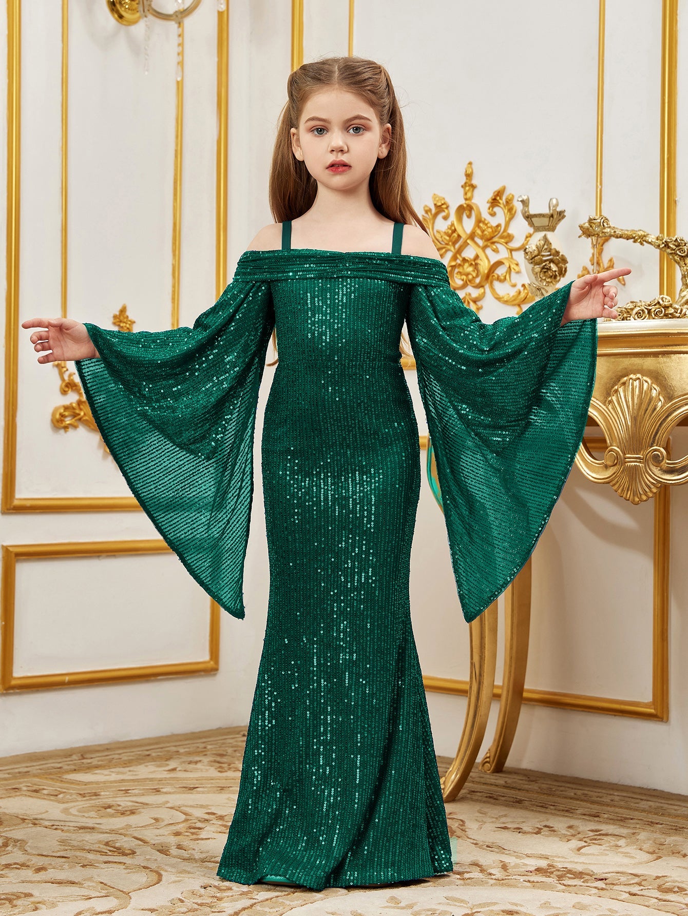 Additional product view of Cold-Shoulder Flare-Sleeve Off-Shoulder Sequin Mermaid Tween Girls' Party Dress