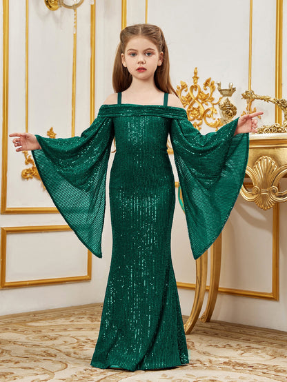 Additional product view of Cold-Shoulder Flare-Sleeve Off-Shoulder Sequin Mermaid Tween Girls' Party Dress