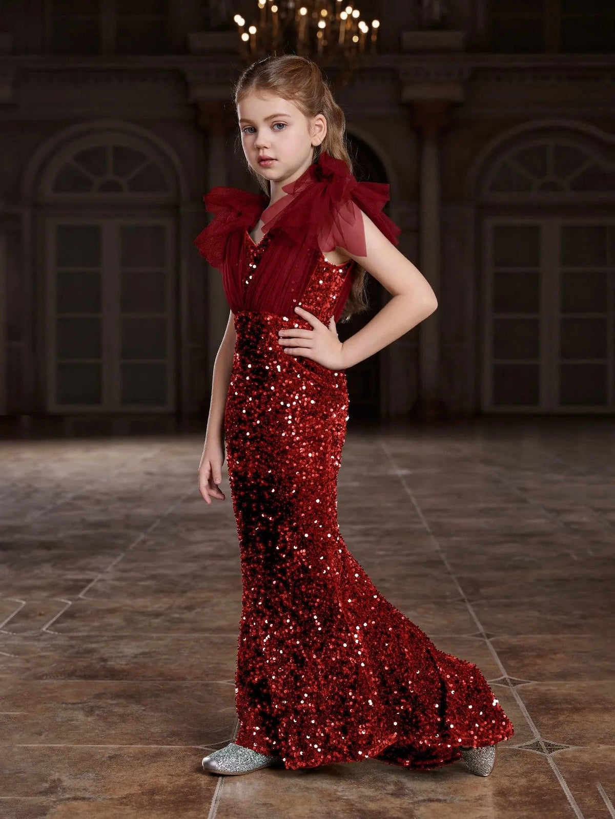 Additional product view of Cloak-Sleeve Mermaid Hem V-Neck Sequin Maxi Tween Girls' Party Dress