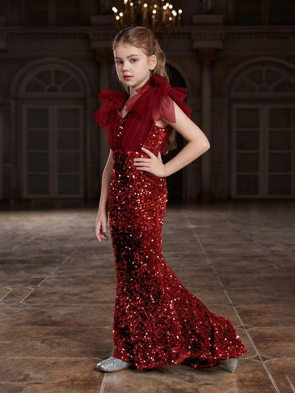 Additional product view of Cloak-Sleeve Mermaid Hem V-Neck Sequin Maxi Tween Girls' Party Dress