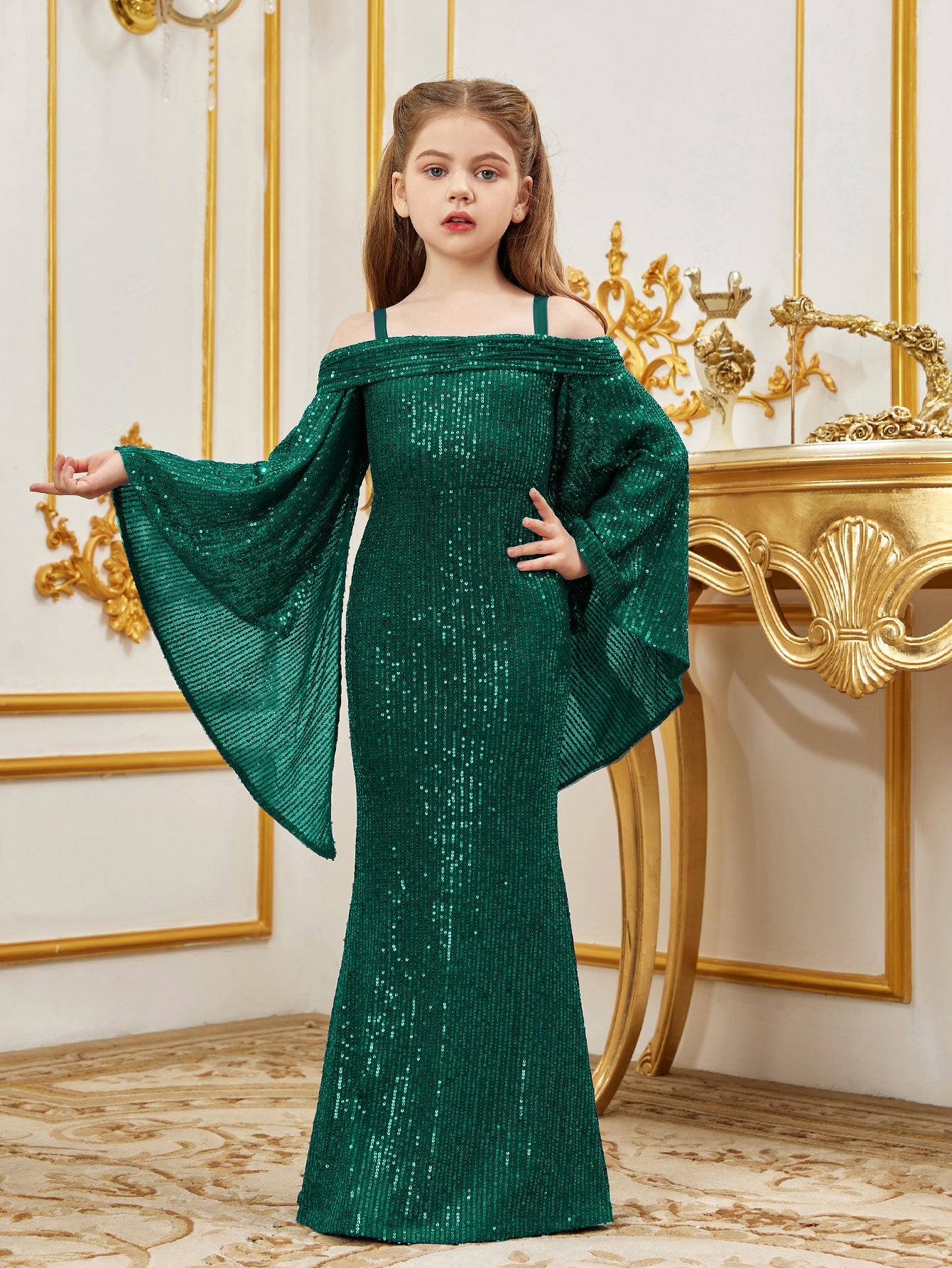 Additional product view of Cold-Shoulder Flare-Sleeve Off-Shoulder Sequin Mermaid Tween Girls' Party Dress