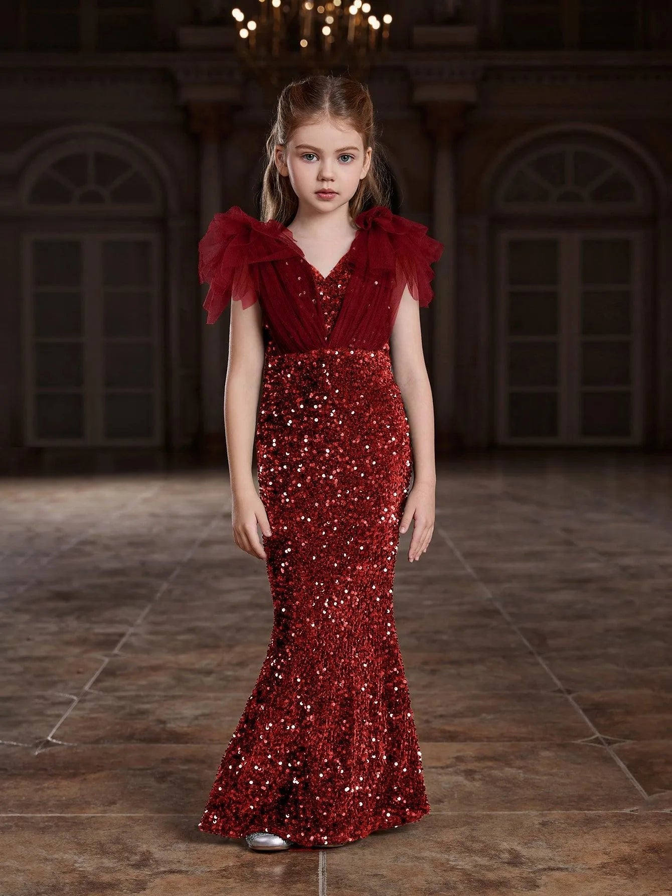 Additional product view of Cloak-Sleeve Mermaid Hem V-Neck Sequin Maxi Tween Girls' Party Dress