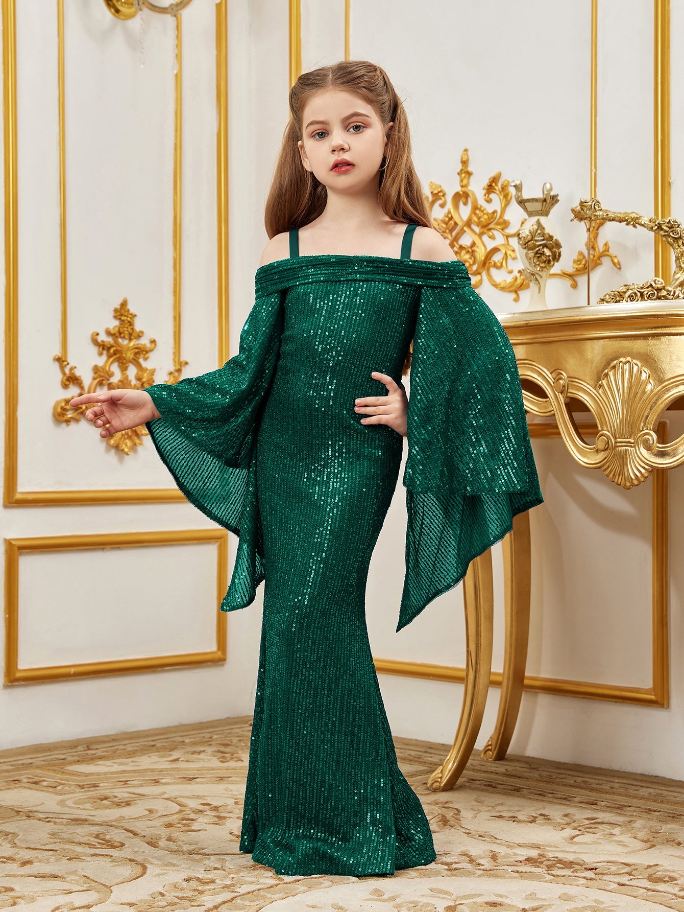Additional product view of Cold-Shoulder Flare-Sleeve Off-Shoulder Sequin Mermaid Tween Girls' Party Dress