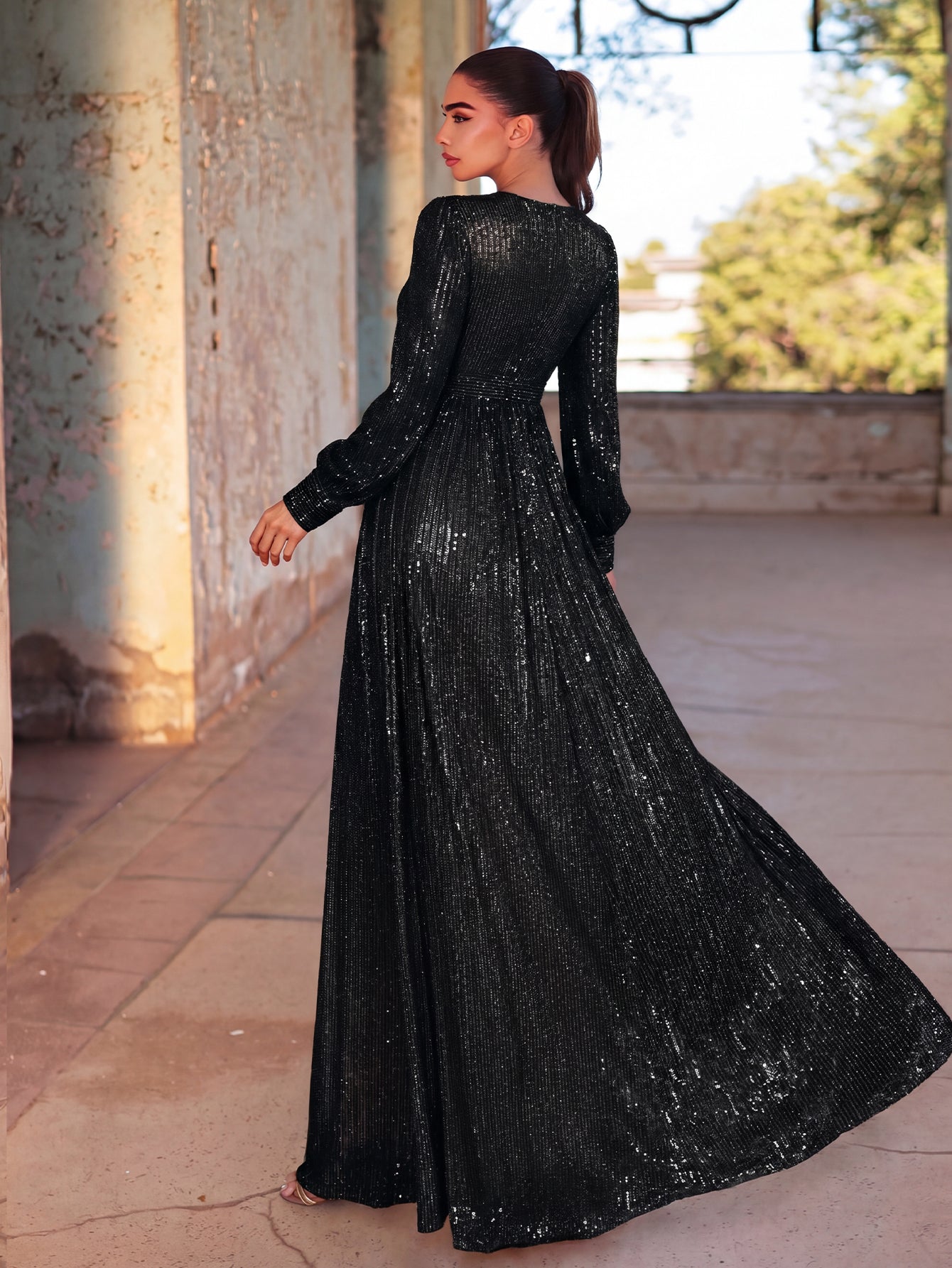 Elegant V Neck Long Sleeves Sequin A Line Dresses