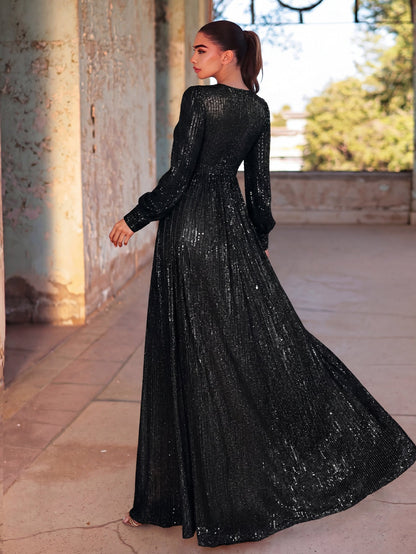 Elegant V Neck Long Sleeves Sequin A Line Dresses