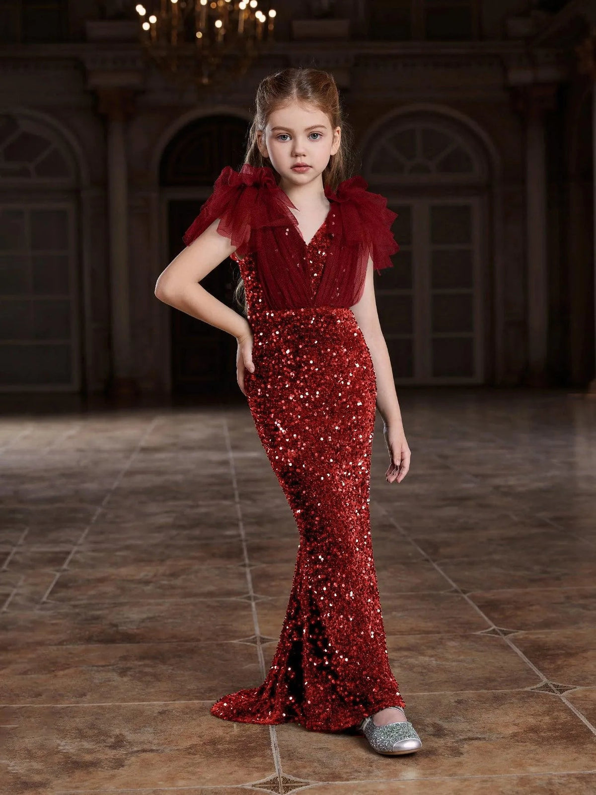 Additional product view of Cloak-Sleeve Mermaid Hem V-Neck Sequin Maxi Tween Girls' Party Dress