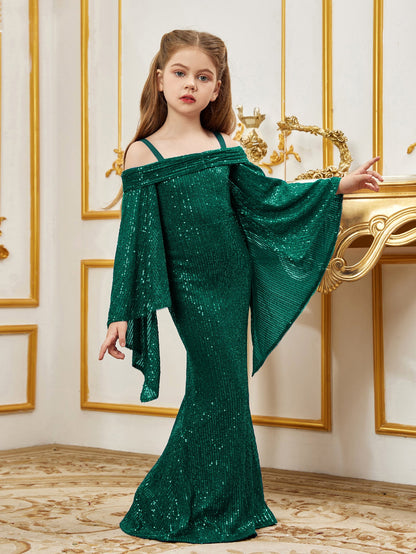 Additional product view of Cold-Shoulder Flare-Sleeve Off-Shoulder Sequin Mermaid Tween Girls' Party Dress