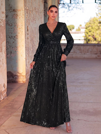 Elegant V Neck Long Sleeves Sequin A Line Dresses