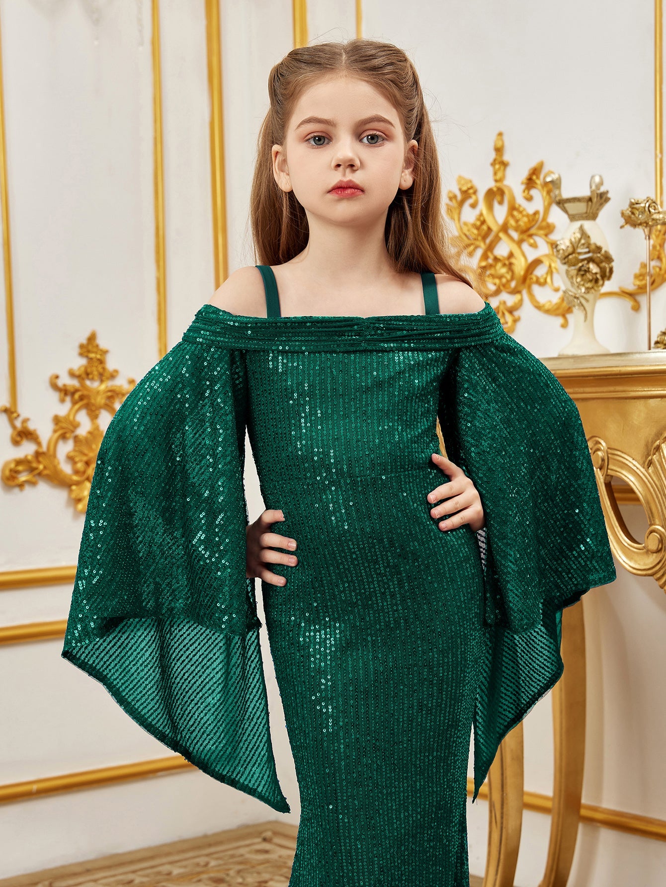 Additional product view of Cold-Shoulder Flare-Sleeve Off-Shoulder Sequin Mermaid Tween Girls' Party Dress