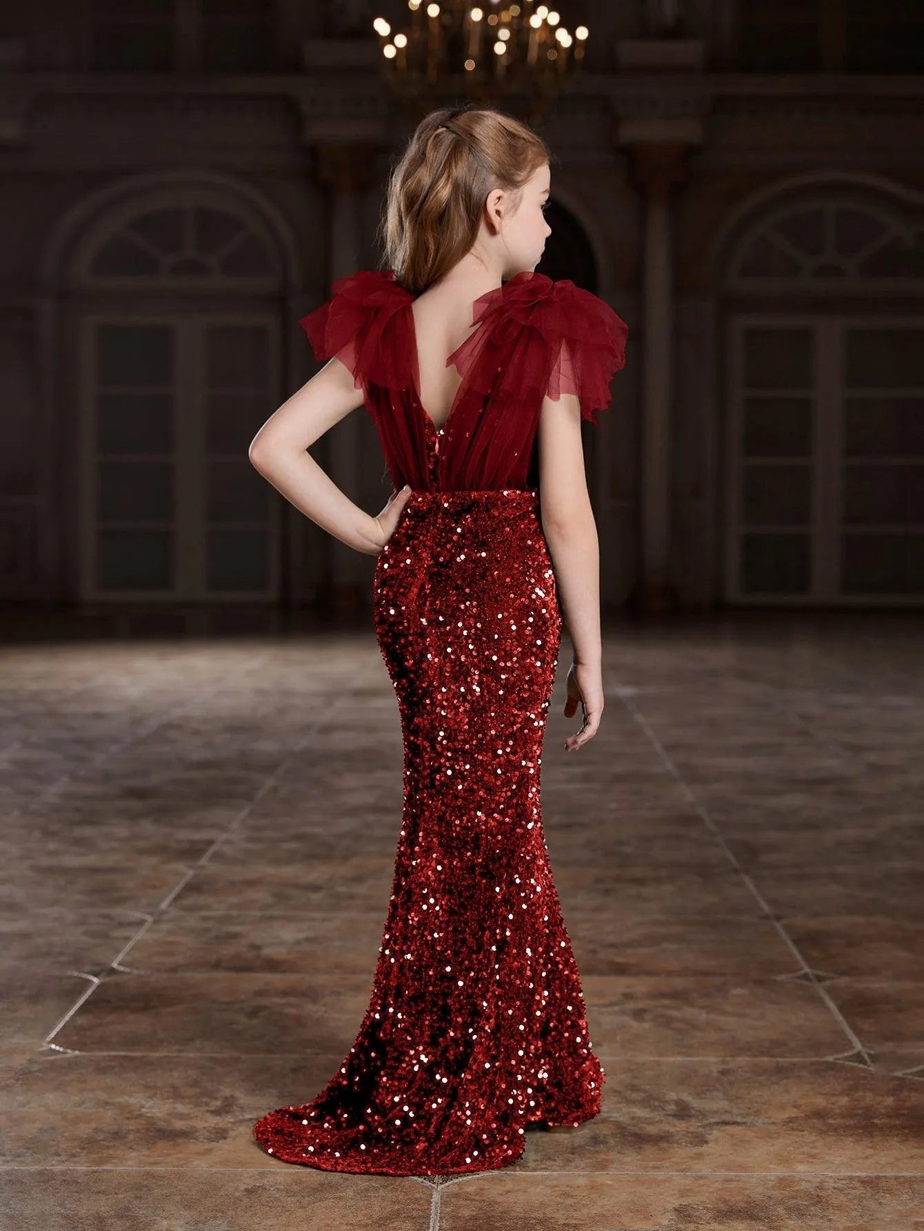 Additional product view of Cloak-Sleeve Mermaid Hem V-Neck Sequin Maxi Tween Girls' Party Dress