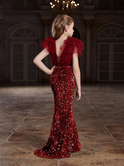 Additional product view of Cloak-Sleeve Mermaid Hem V-Neck Sequin Maxi Tween Girls' Party Dress