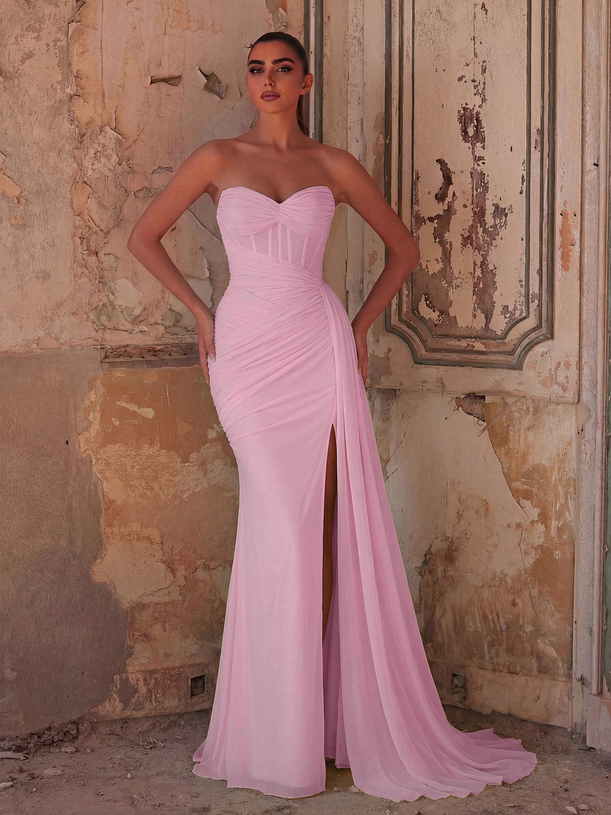 Elegant Strapless Sweetheart Neckline Mermaid Gown with Ruched Bodice, High Front Slit and Corset Back Lace-Up Detail | Evening Dress for Girls, Weddings, Formal Events