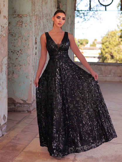 Plunging Neck Sleeveless Embroidered Sequin Dresses