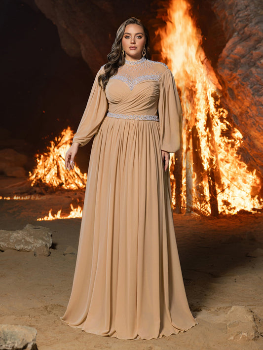 Plus Embellished High Neck Formal Dress | Long Sleeve Gown with Statement Waist & Full Skirt