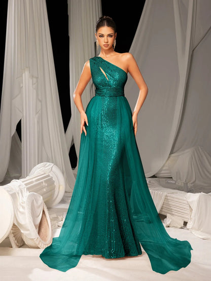 Alternate view of Mesh Overlay One-Shoulder Sequin Mermaid Sleeveless Evening Gown in Dark Green