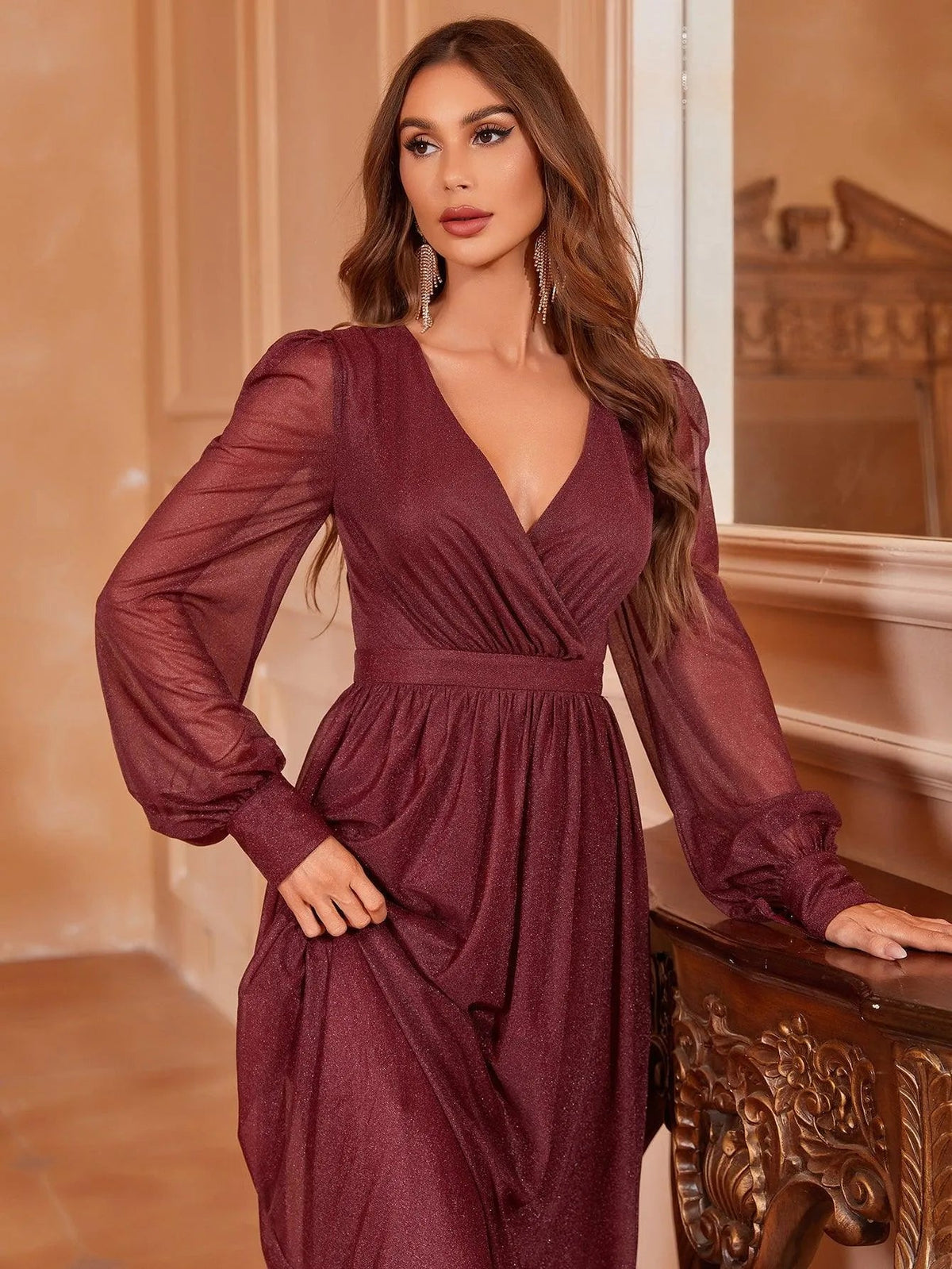 Additional product view of V-Neck Chiffon A-Line Long-Sleeve Maxi Evening Gown