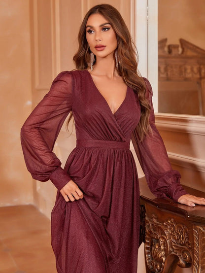 Additional product view of V-Neck Chiffon A-Line Long-Sleeve Maxi Evening Gown